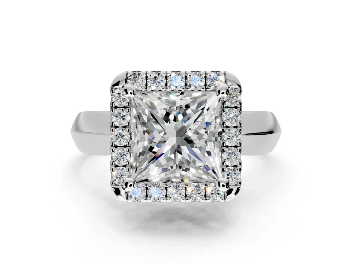Halo Engagement Ring Setting for Princess Cut Center with Square Band and Prong Head in Platinum