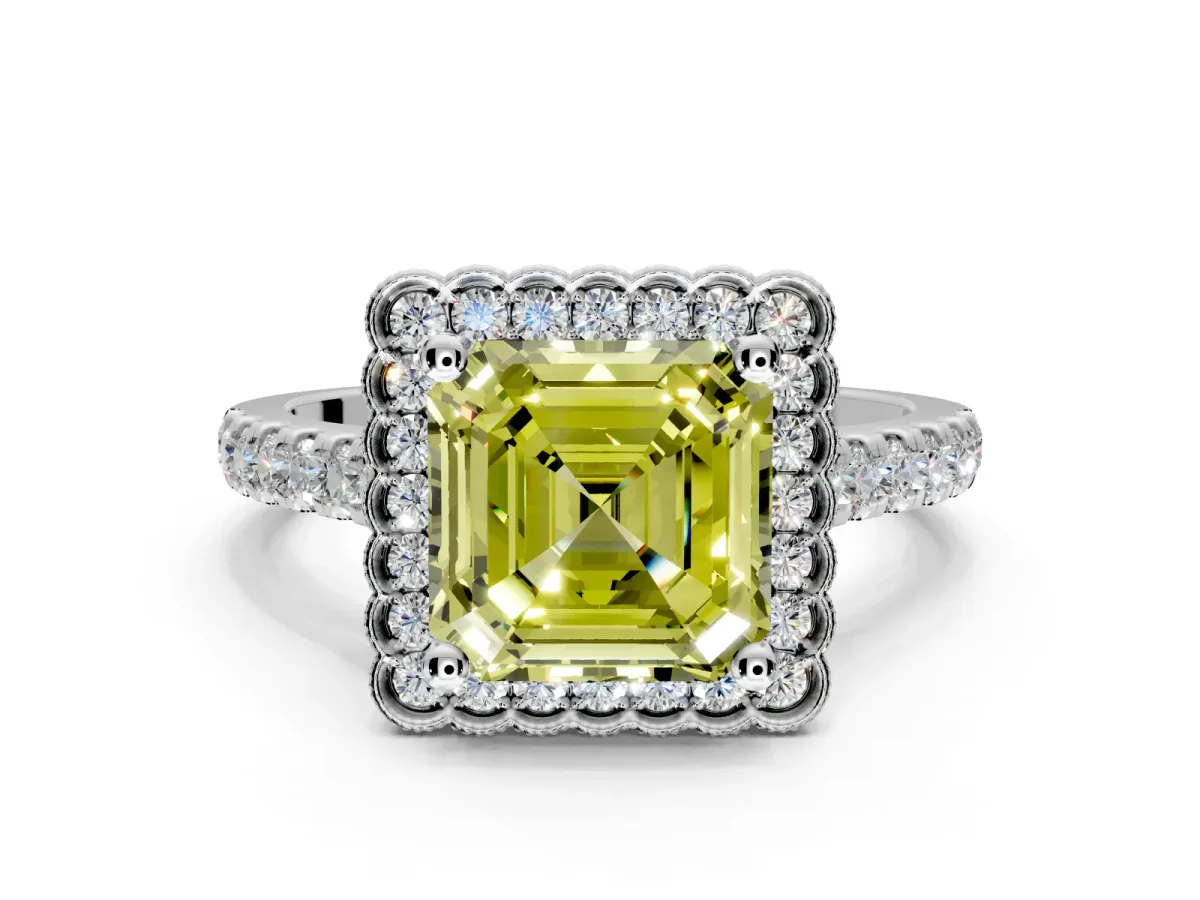 Milgrain Floral Halo Engagement Ring Setting for Fancy Yellow Asscher Cut Center with Pave Band and Prong Head in Sterling Silver