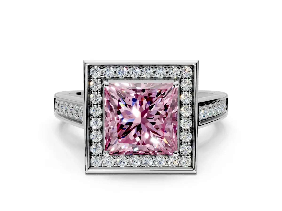 Halo Engagement Ring Setting for Fancy Pink Princess Cut Center with Outer Bezel Rim, Pave Band and Prong Head in White Gold