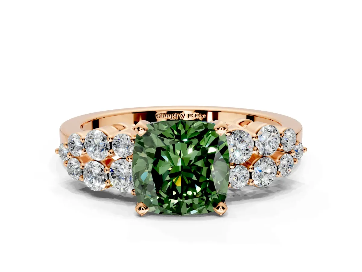Cluster Engagement Ring Setting for Fancy Green Cushion Cut Center with 2-Row Shoulder Clusters and Prong Head in Rose Gold