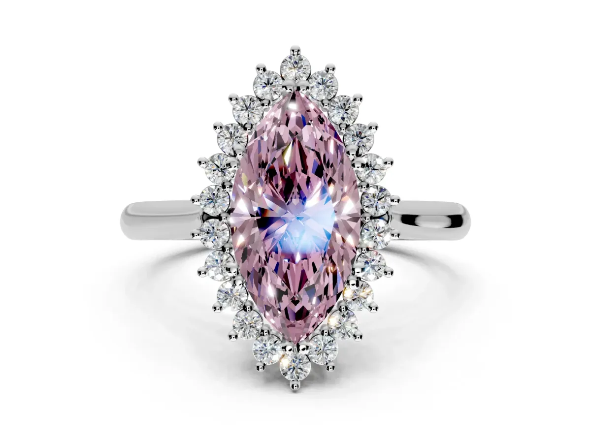 Starburst Halo Engagement Ring Setting for Fancy Pink Marquise Center with Thin Round-Wire Band and Prong Head in Platinum