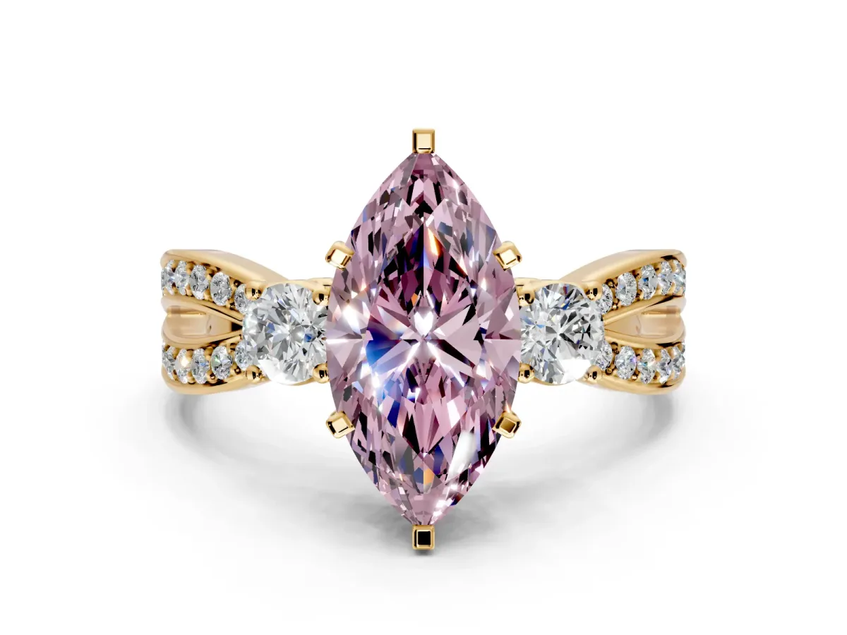 3 Stone Engagement Ring Setting for Fancy Pink Marquise Center with Pave Twist Band and Prong Head in Yellow Gold