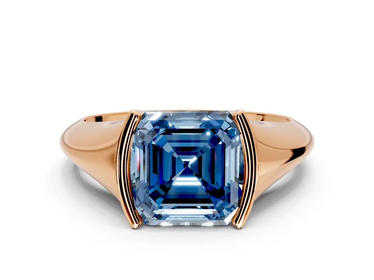 Tension Engagement Ring Setting for Fancy Blue Asscher Cut Center with Wide Tapered Band and Tension Head in Rose Gold