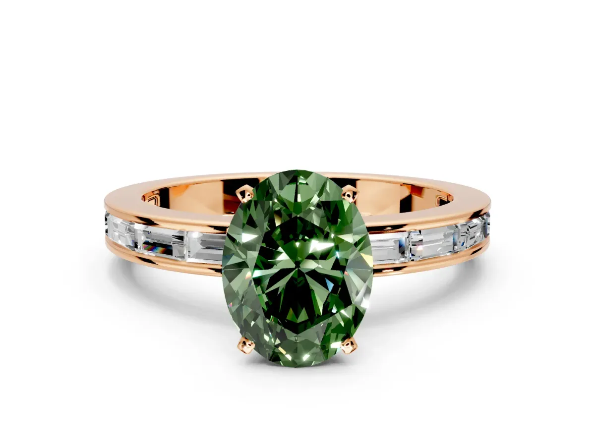 Solitaire Engagement Ring Setting for Fancy Green Oval Center with Channel Baguette Band and Prong Head in Rose Gold