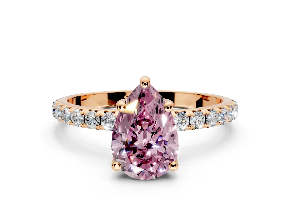 Solitaire Engagement Ring Setting for Fancy Pink Pear-Shaped Center with Micro Pave Band and Prong Head in Rose Gold