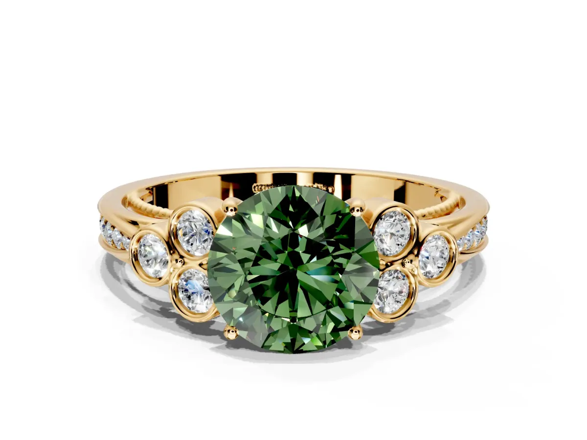 Cluster Engagement Ring Setting for Fancy Green Round Cut Center with Bezel Accent Clusters and Prong Head in Yellow Gold