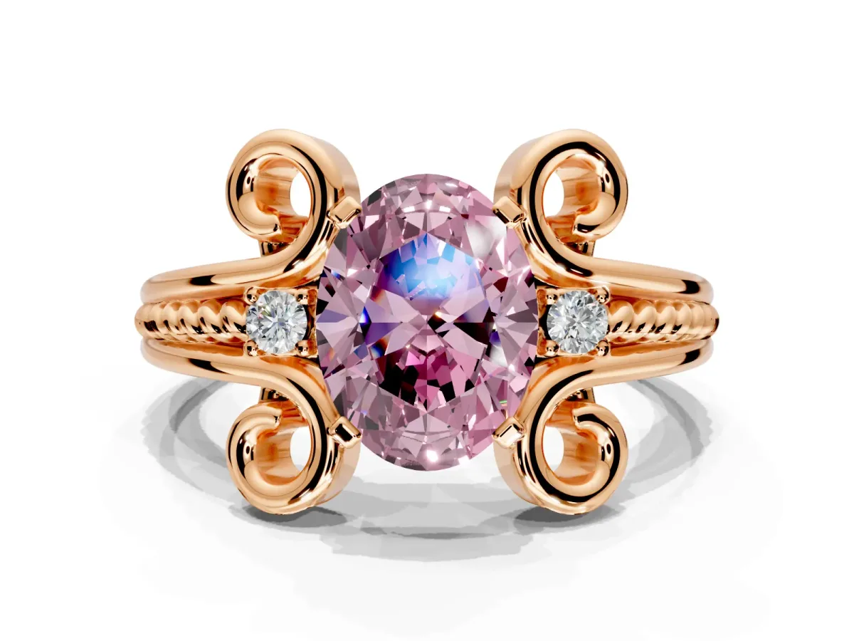 Solitaire Engagement Ring Setting for Fancy Pink Oval Center with Twisted Band and Scroll Prong Head in Rose Gold