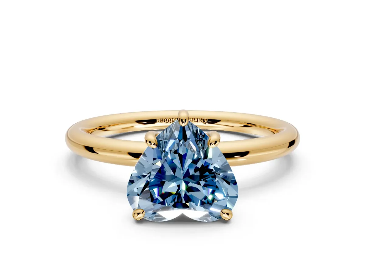 Low-Set Solitaire Engagement Ring Setting for Fancy Blue Heart-Shaped Center with Thin Plain Band and Prong Head in Yellow Gold