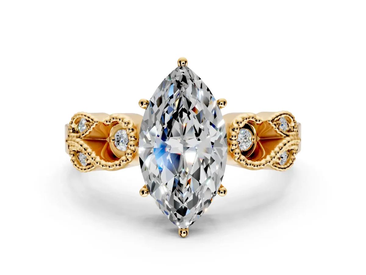 Leaf Engagement Ring Setting for Marquise Center with Milgrain Accent Band and Prong Head in Yellow Gold