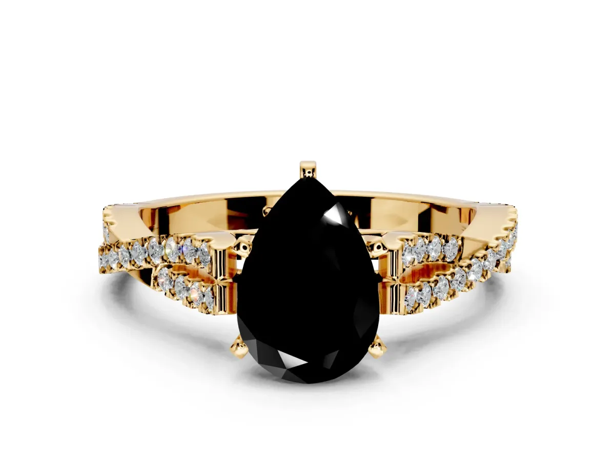 Solitaire Engagement Ring Setting for Fancy Black Pear-Shaped Center with Twisted Pave Split Shank and Prong Head in Yellow Gold