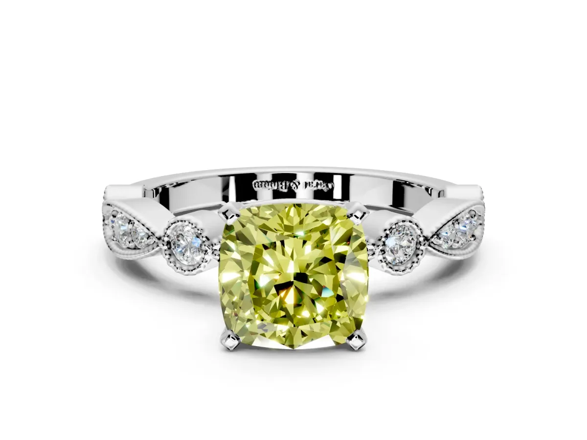 Solitaire Engagement Ring Setting for Fancy Yellow Cushion Cut Center with Milgrain Bezel Accents and Prong Head in White Gold