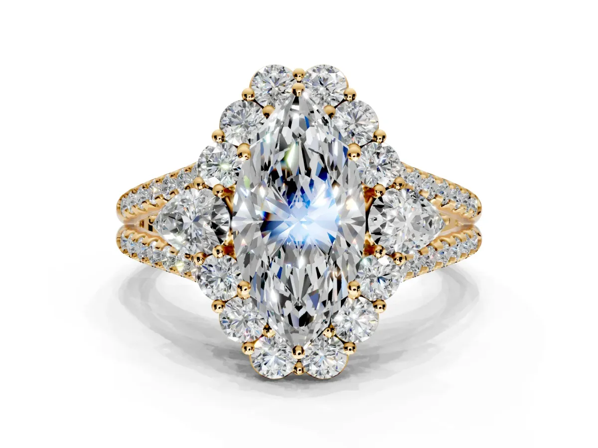 Halo Engagement Ring Setting for Marquise Center with Two-Strand Split Shank and Prong Head in Yellow Gold