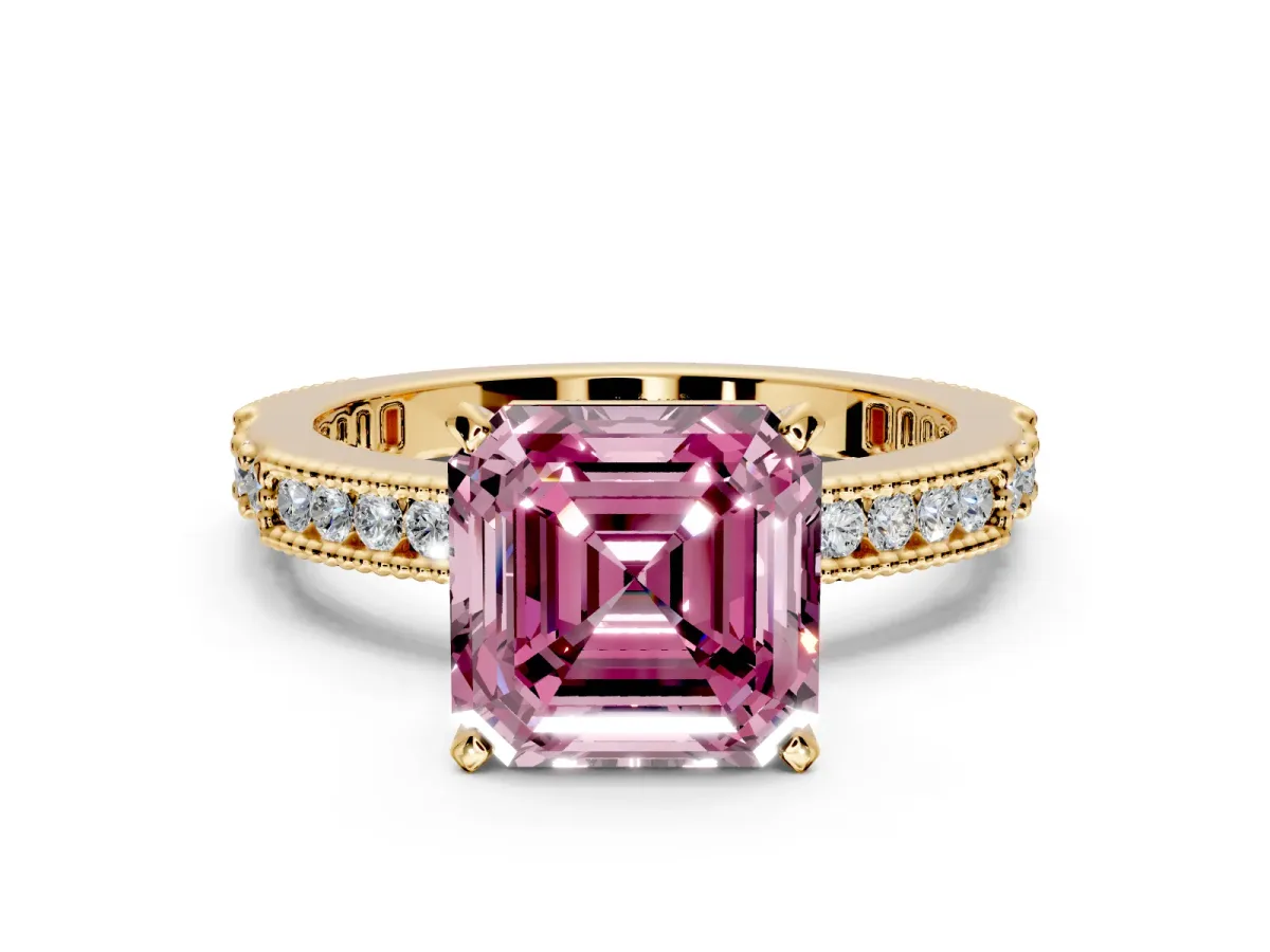 Solitaire Engagement Ring Setting for Fancy Pink Asscher Cut Center with Milgrain-Edged Pave Band and Prong Head in Yellow Gold