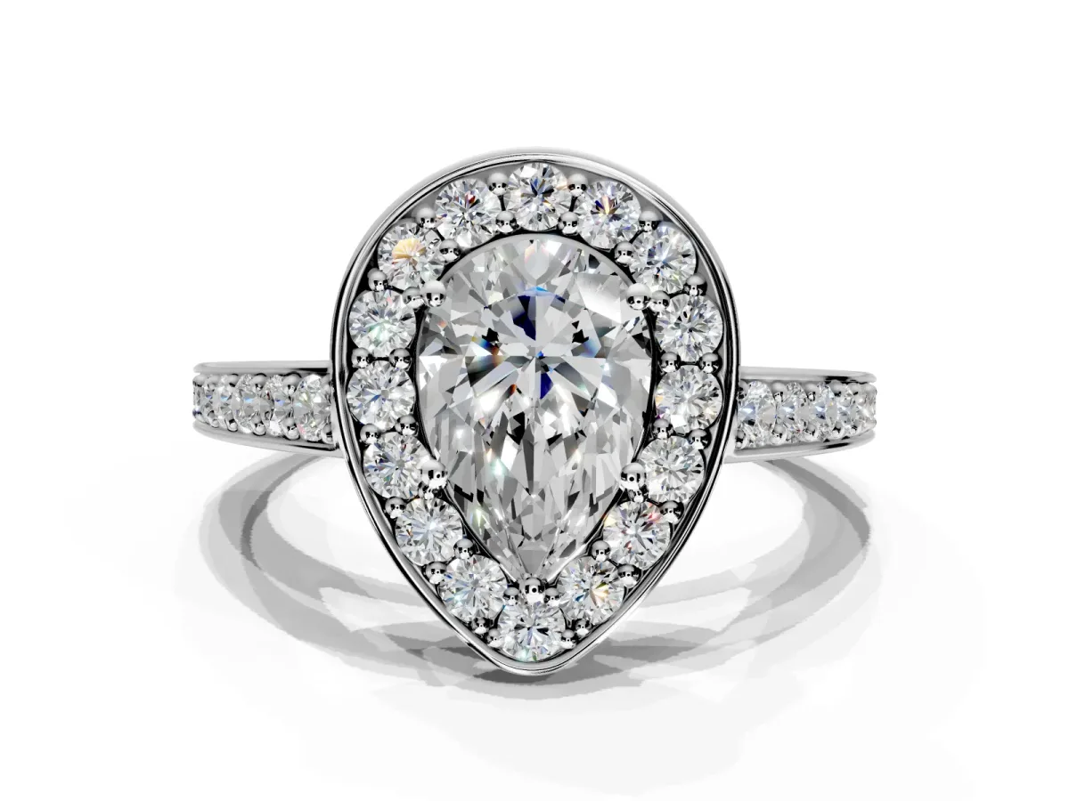 Bezel-Framed Halo Engagement Ring Setting for Pear-Shaped Center with Pave Band and Prong Head in White Gold