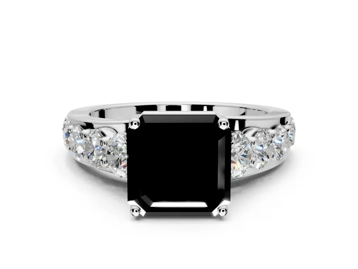 Solitaire Engagement Ring Setting for Fancy Black Asscher Cut Center with Graduated Shared Prongs and Prong Head in White Gold