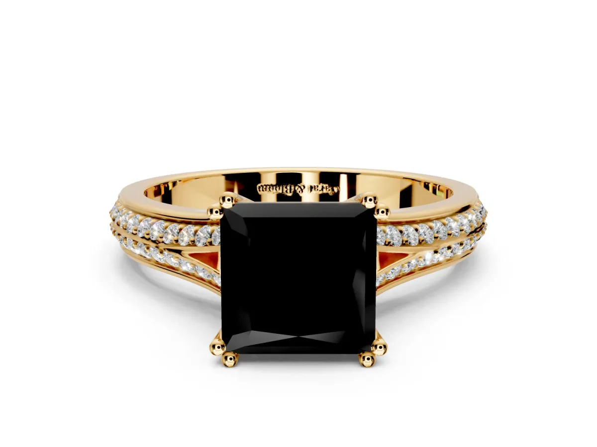 Solitaire Engagement Ring Setting for Fancy Black Princess Cut Center with Pave Rail Split Shank and Prong Head in Yellow Gold