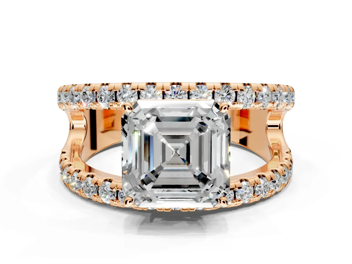 Solitaire Engagement Ring Setting for Asscher Cut Center with Wide-Open Split Shank and Prong Head in Rose Gold