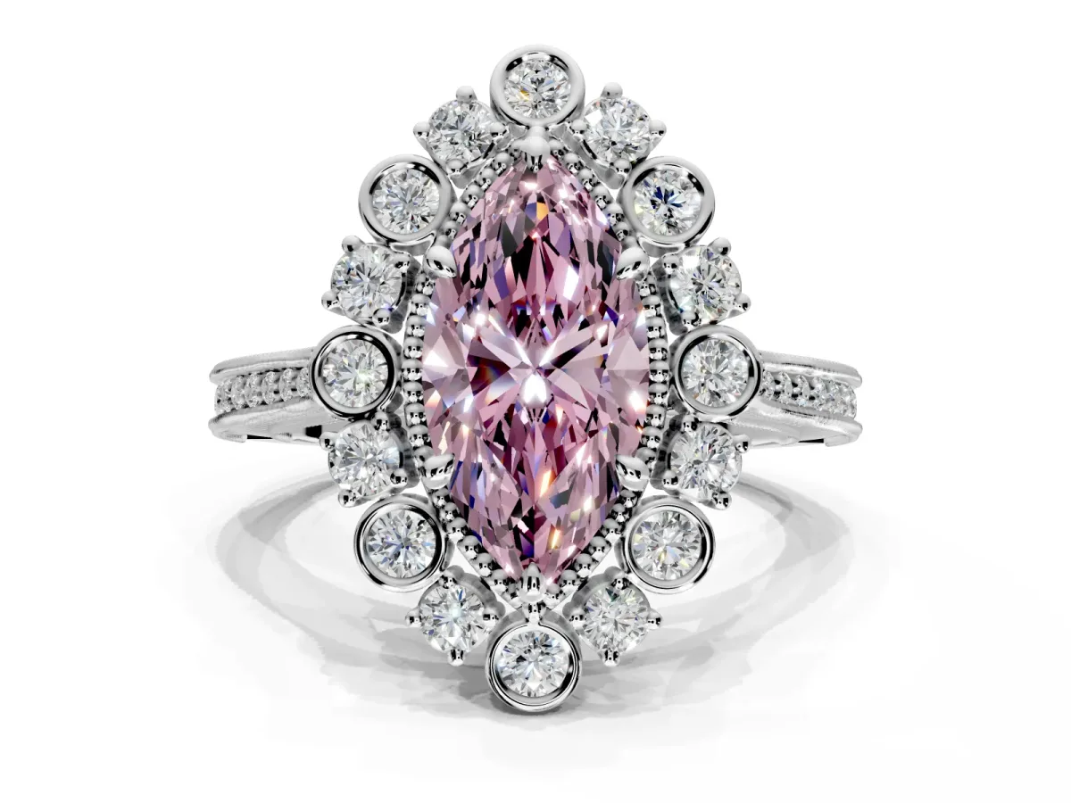 Milgrain Halo Engagement Ring Setting for Fancy Pink Marquise Center with Bezel Point Accents and Prong Head in Sterling Silver