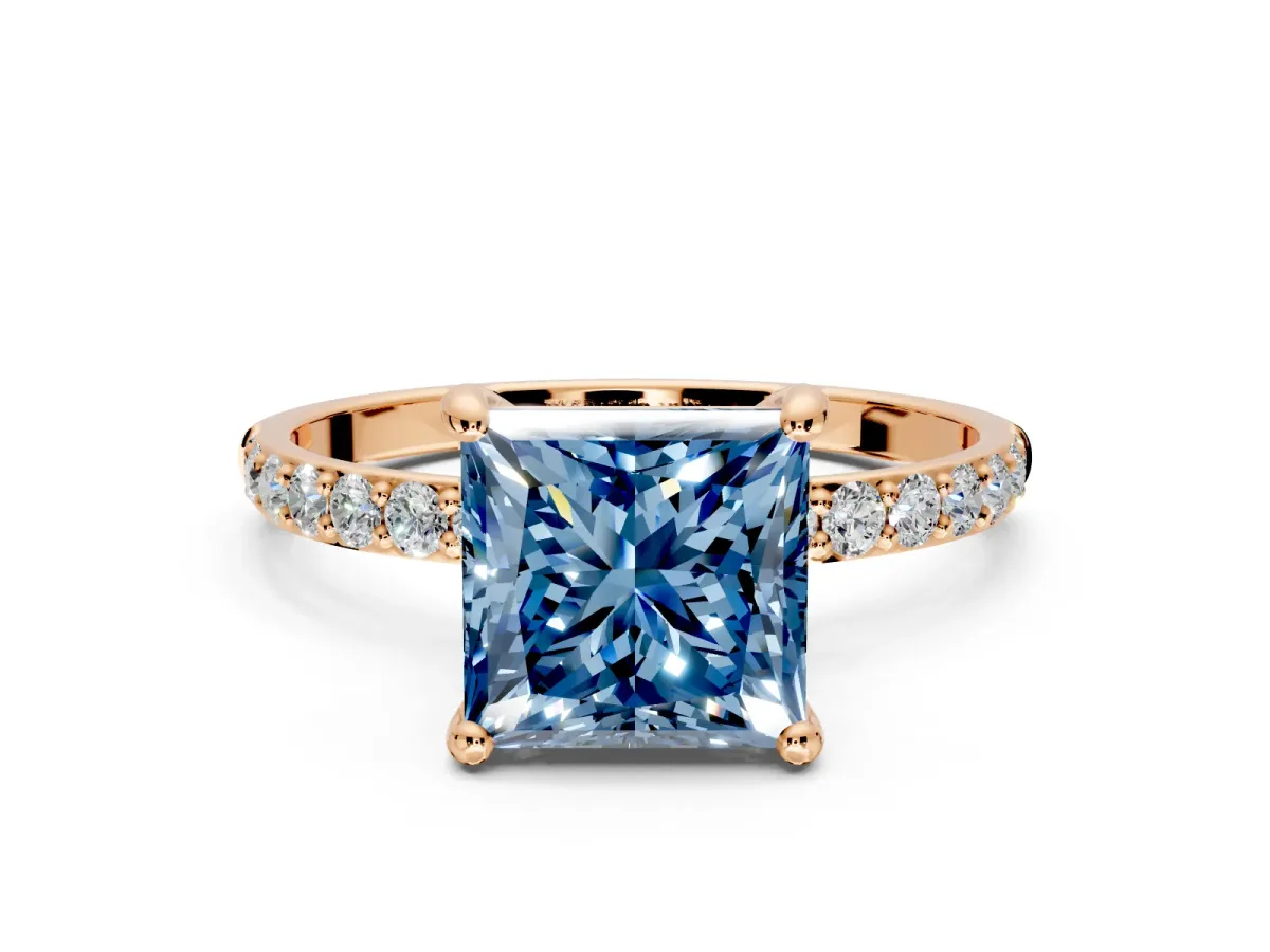 Solitaire Engagement Ring Setting for Fancy Blue Princess Cut Center with Pave Accents and Prong Head in Rose Gold