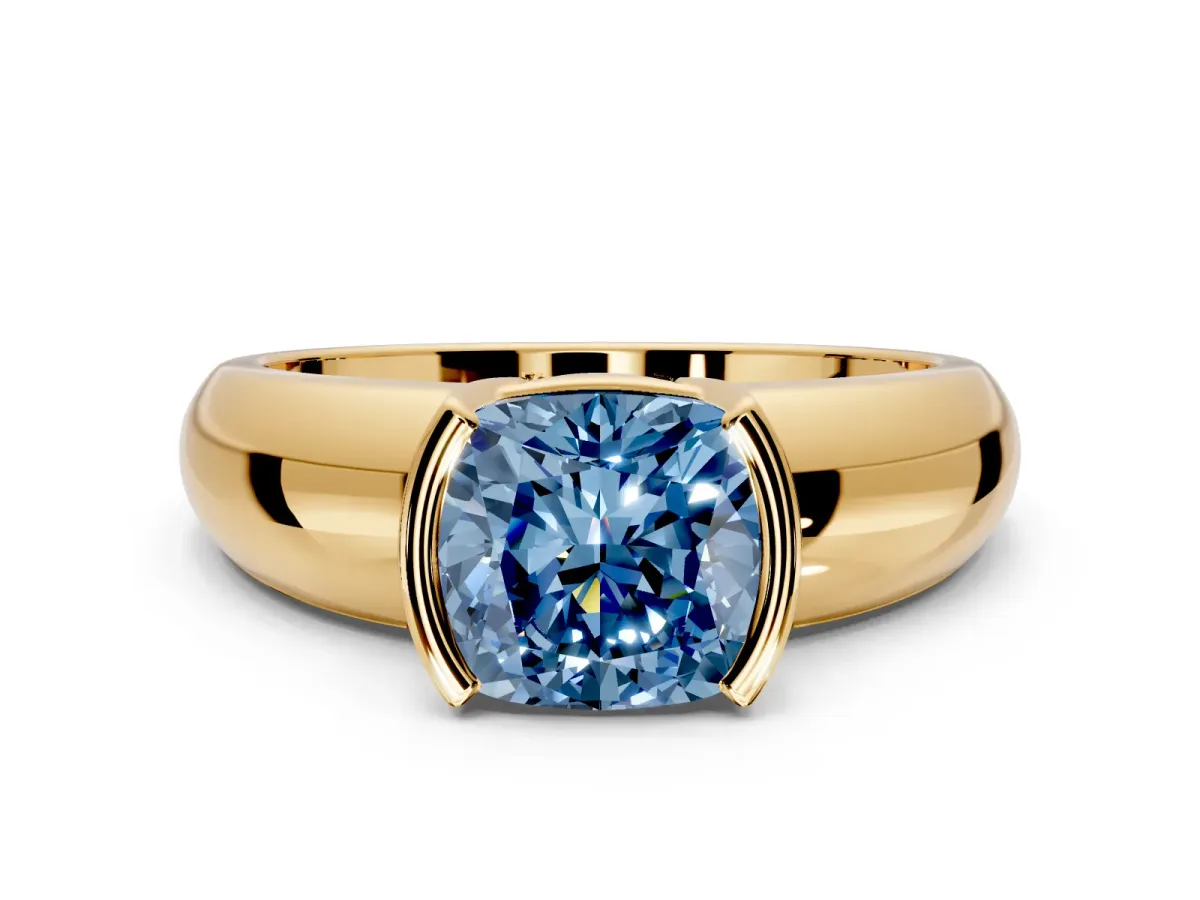 Tension Engagement Ring Setting for Fancy Blue Cushion Cut Center with Wide Flat Band and Tension Head in Yellow Gold
