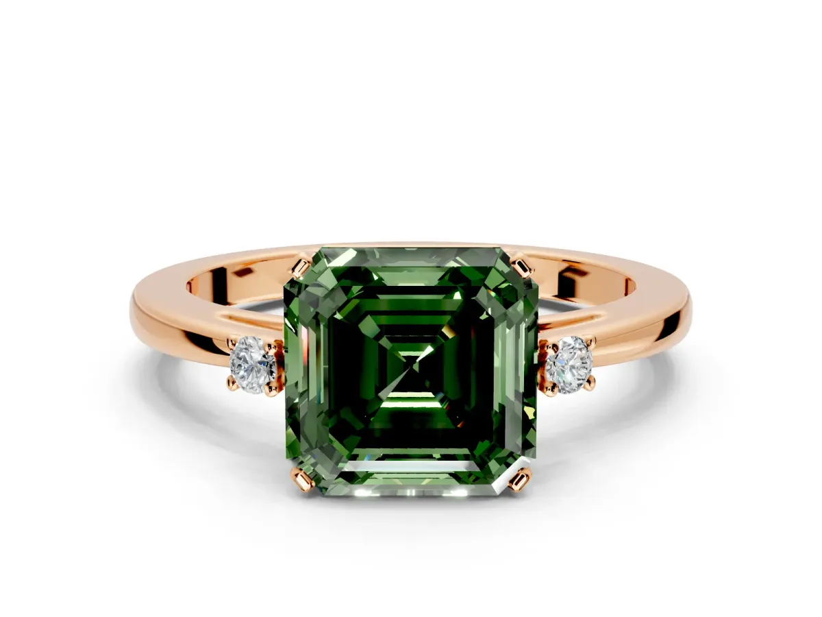 3 Stone Engagement Ring Setting for Fancy Green Asscher Cut Center with Low-Set Round Cut Accents and Prong Head in Rose Gold
