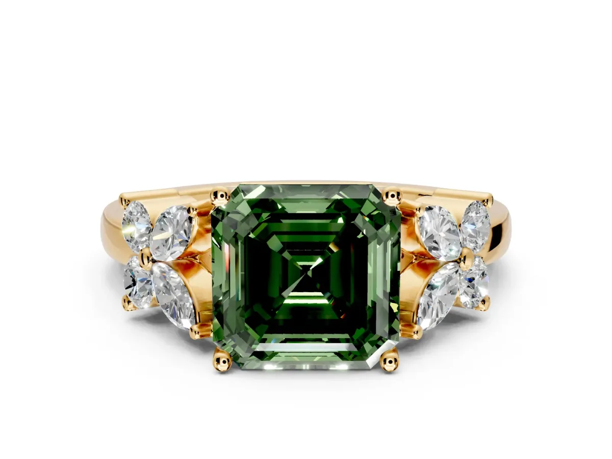 Floral Engagement Ring Setting for Fancy Green Princess Cut Center with Marquise Cluster Shoulders and Prong Head in Yellow Gold