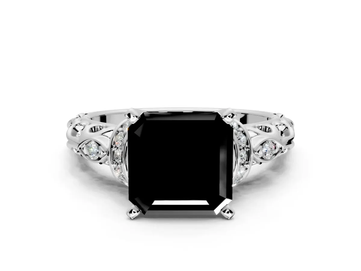 Solitaire Engagement Ring Setting for Fancy Black Asscher Cut Center with Filigree Band and Prong Head in Platinum