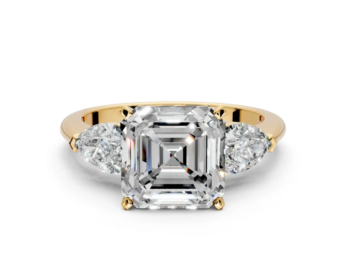 3 Stone Engagement Ring Setting for Asscher Cut Center with Large Pear-Shaped Accents and Prong Head in Yellow Gold