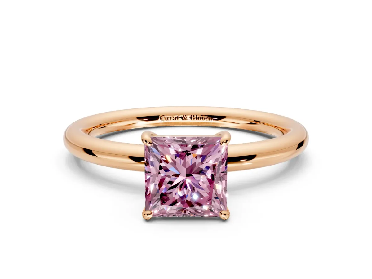 Low-Set Solitaire Engagement Ring Setting for Fancy Pink Princess Cut Center with Thin Plain Band and Prong Head in Rose Gold