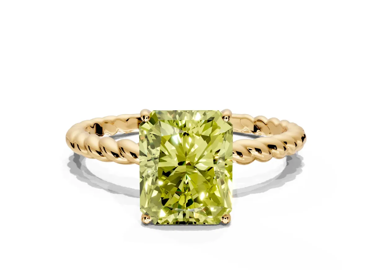 Solitaire Engagement Ring Setting for Fancy Yellow Radiant Cut Center with Plain Twisted Rope Band and Prong Head in Yellow Gold