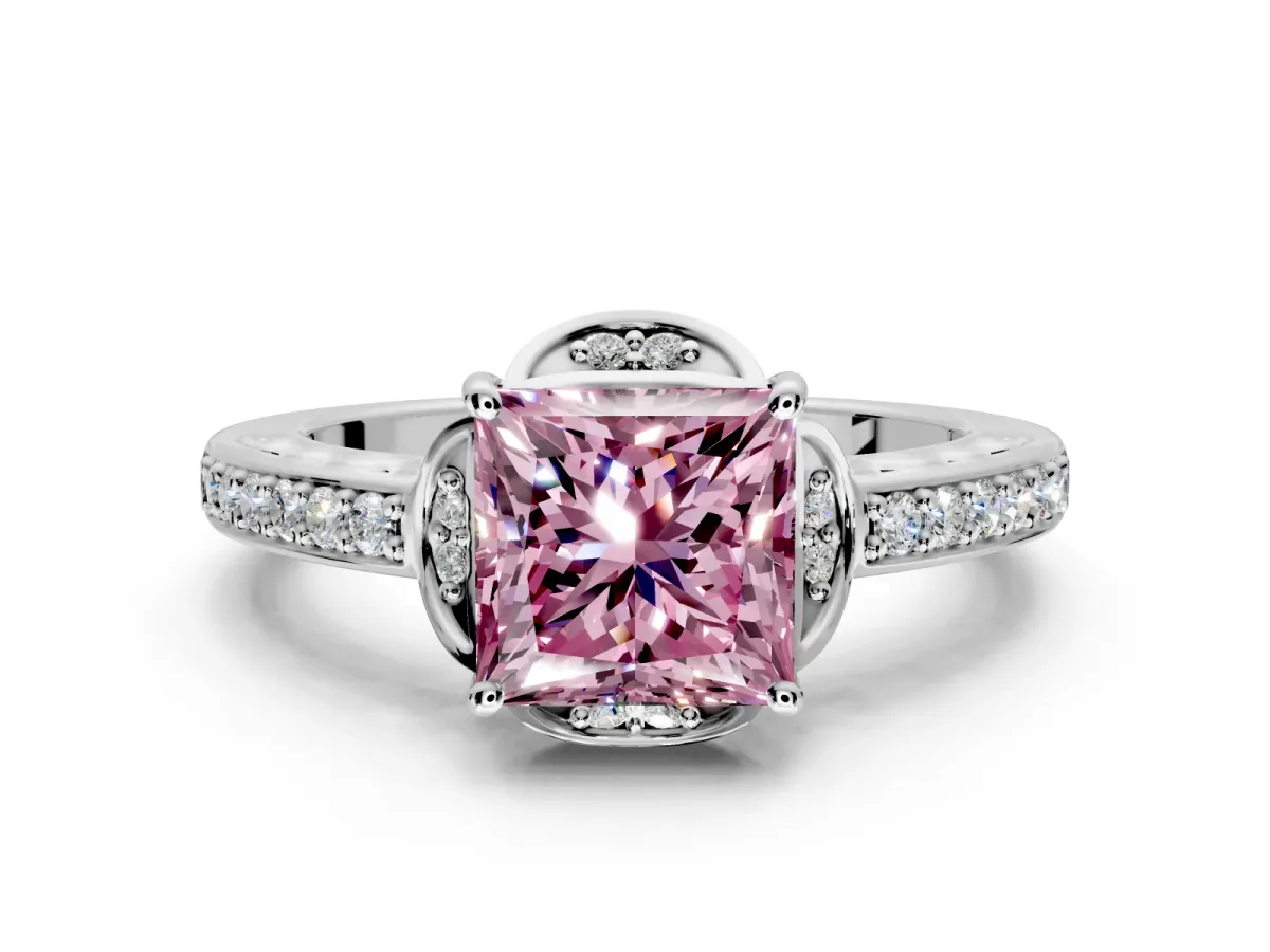 Floral Engagement Ring Setting for Fancy Pink Princess Cut Center with Four Accent Clusters and Prong Head in White Gold