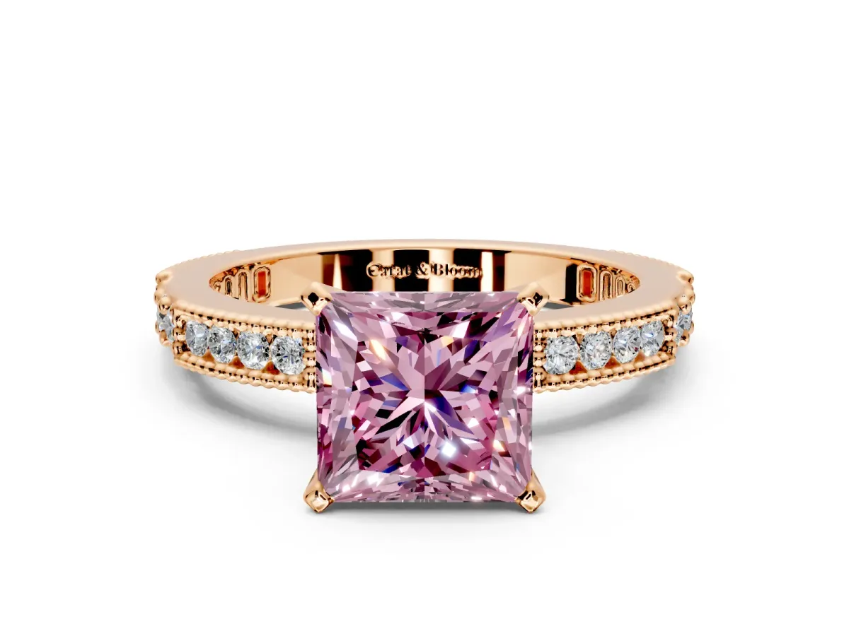 Solitaire Engagement Ring Setting for Fancy Pink Princess Cut Center with Milgrain-Edged Pave Band and Prong Head in Rose Gold