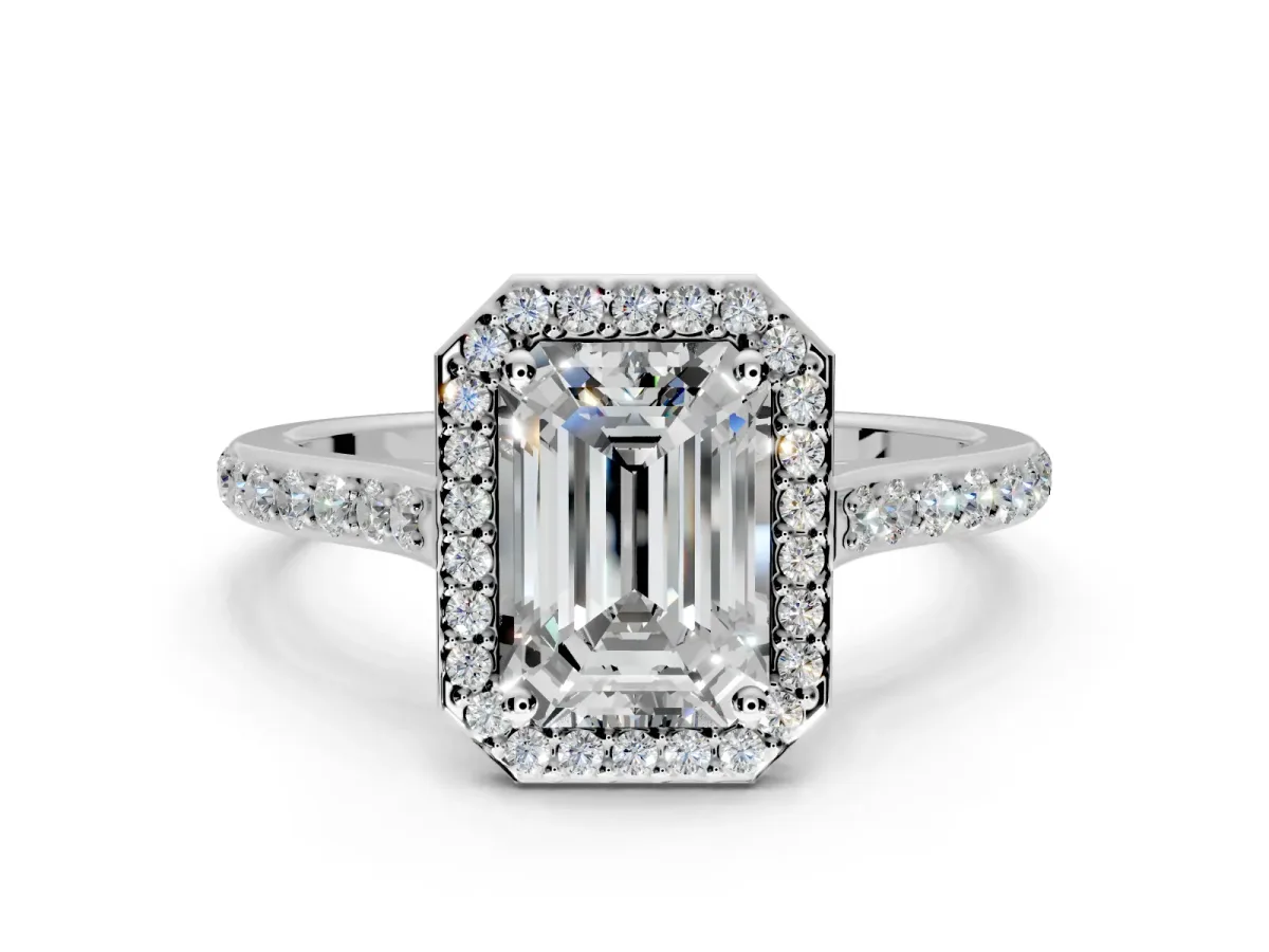 Halo Engagement Ring Setting for Emerald Cut Center with Pave Accents, Heart Basket and Prong Head in Sterling Silver