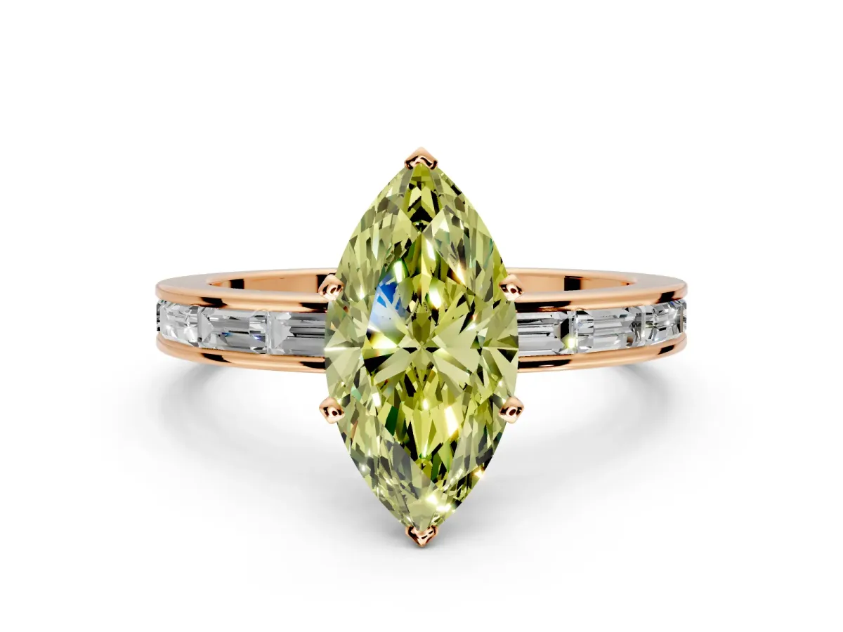 Solitaire Engagement Ring Setting for Fancy Yellow Marquise Center with Channel Baguette Band and Prong Head in Rose Gold