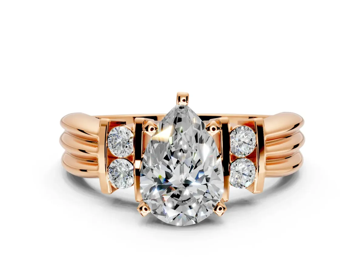 Solitaire Engagement Ring Setting for Pear-Shaped Center with Grooved Bar Accent Band and Prong Head in Rose Gold
