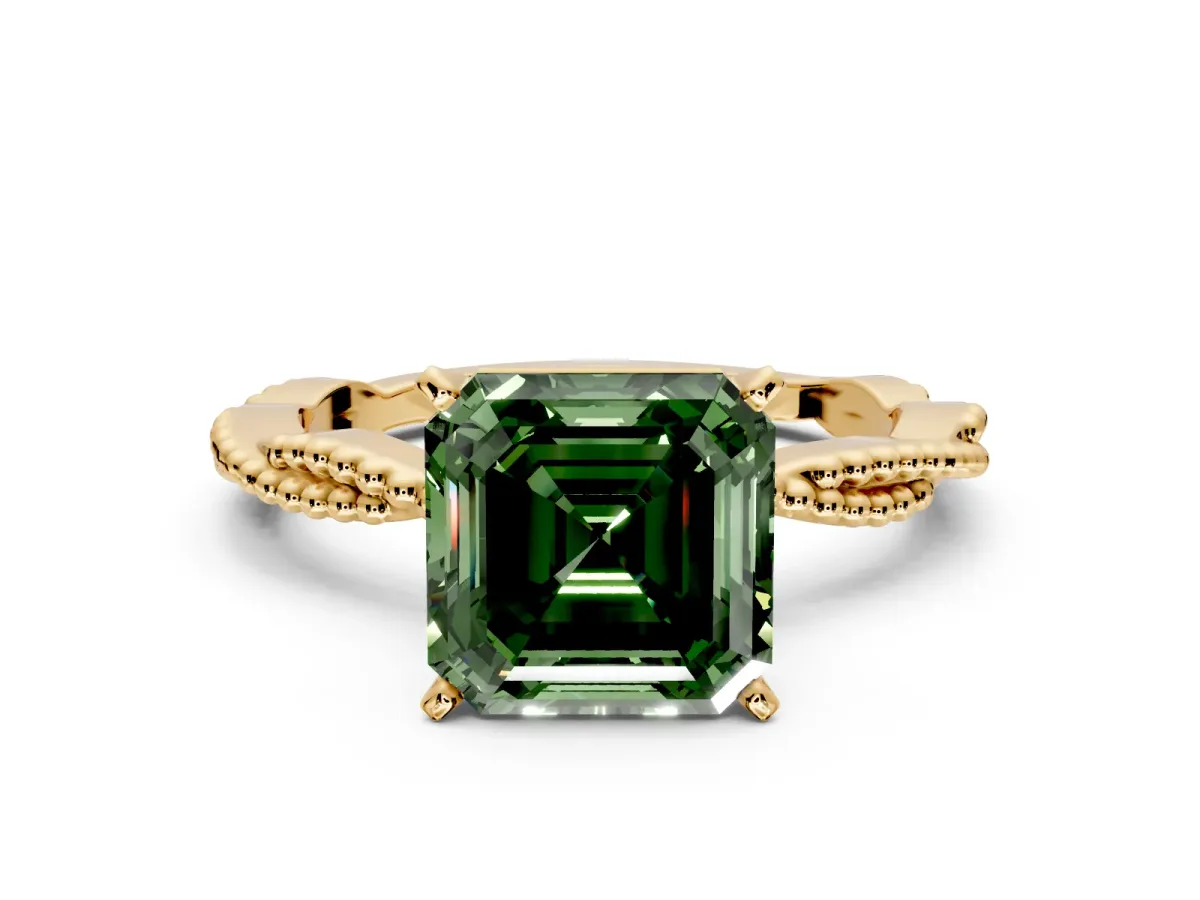 Solitaire Engagement Ring Setting for Fancy Green Asscher Cut Center with Twist Band and Bead Prong Head in Yellow Gold