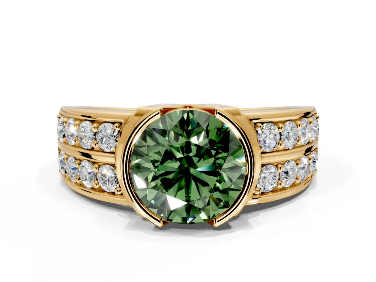 Bezel Engagement Ring Setting for Fancy Green Round Cut Center with Wide Channel-Set Band and Bezel Head in Yellow Gold