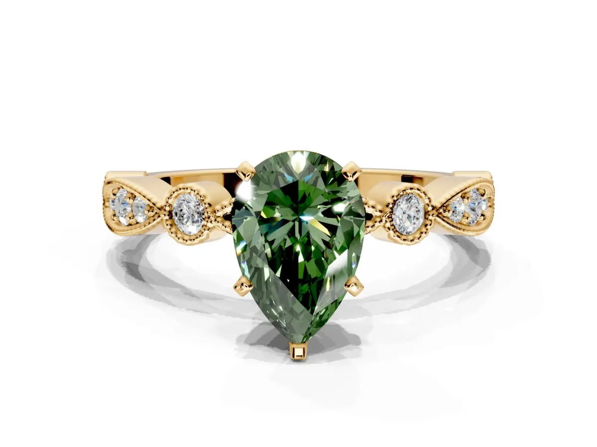 Solitaire Engagement Ring Setting for Fancy Green Pear-Shaped Center with Milgrain Bezel Accents and Prong Head in Yellow Gold