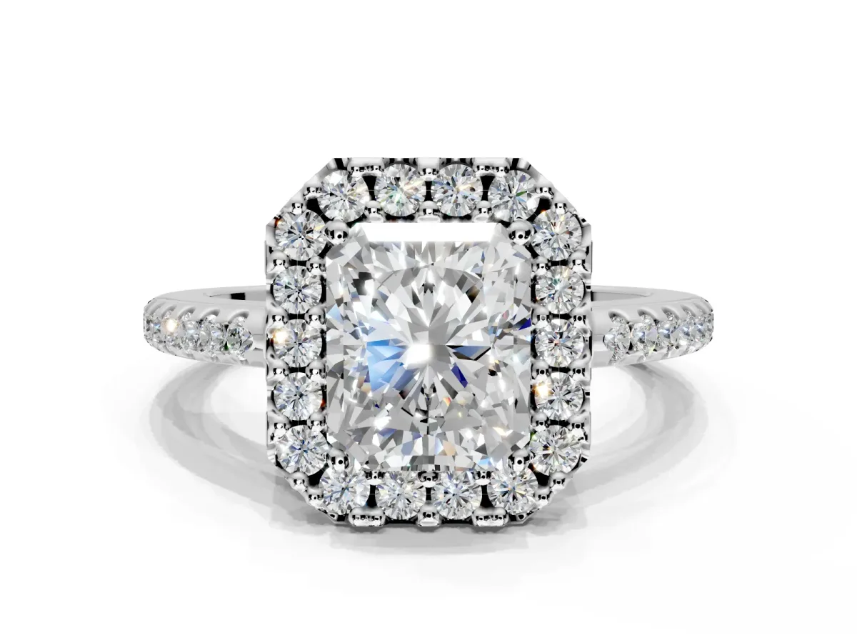Pave Halo Engagement Ring Setting for Radiant Cut Center with Single Row Pave Band and Prong Head in Sterling Silver