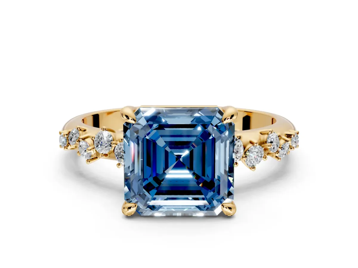 Solitaire Engagement Ring Setting for Fancy Blue Asscher Cut Center with Trailing Leaf Accent Band and Prong Head in Yellow Gold