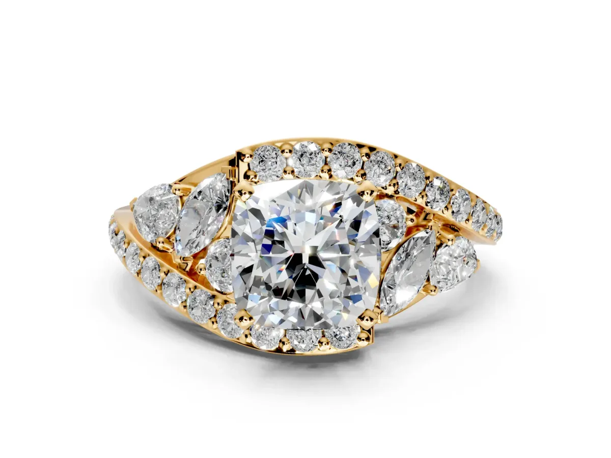 Halo Engagement Ring Setting for Cushion Cut Center with Marquise and Pave Bypass Band and Prong Head in Yellow Gold