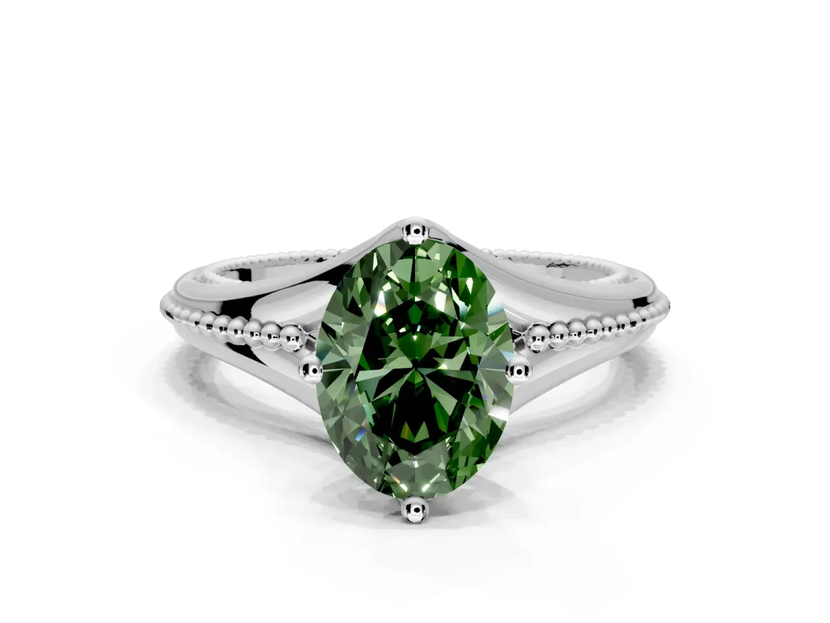 Solitaire Engagement Ring Setting for Fancy Green Oval Center with Milgrain Cathedral Band and Prong Head in Platinum