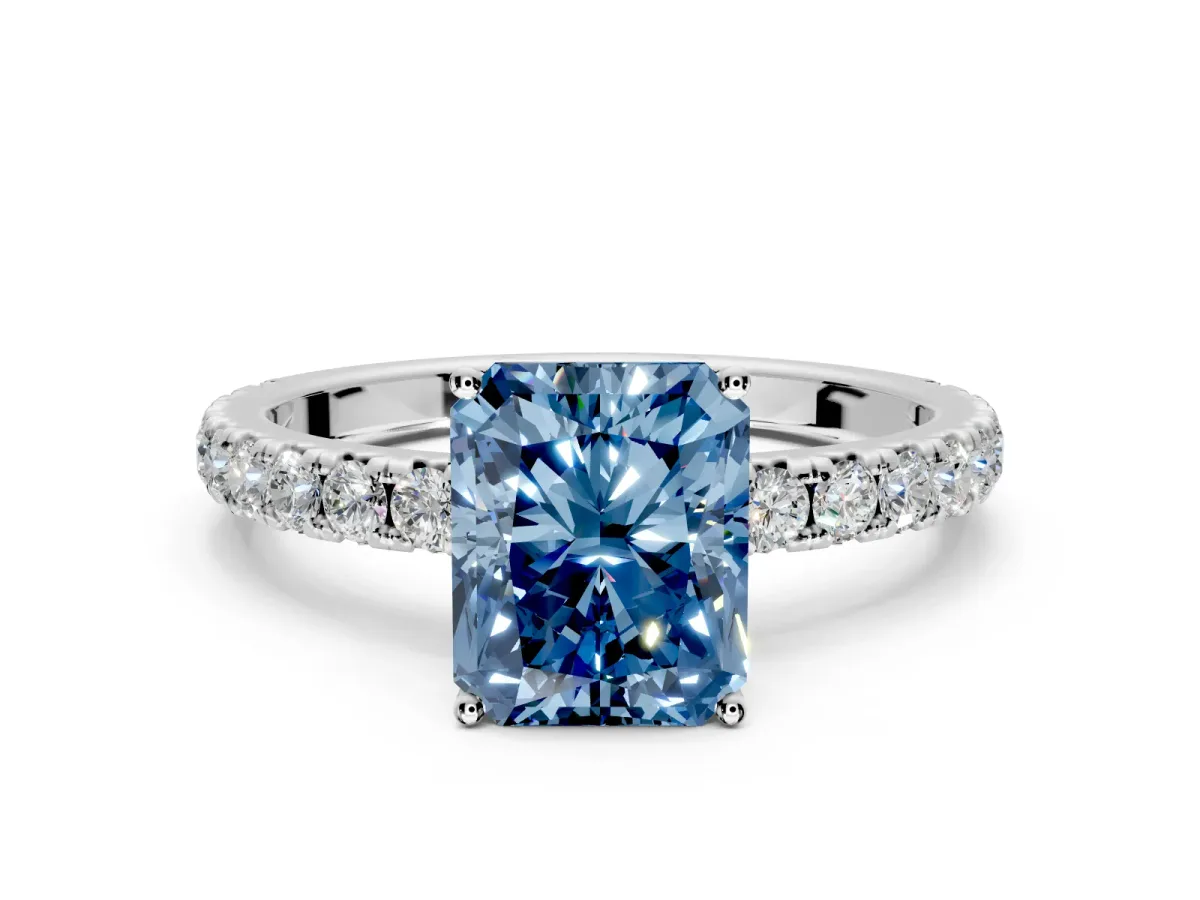 Solitaire Engagement Ring Setting for Fancy Blue Radiant Cut Center with Large Accent Band and Prong Head in Platinum