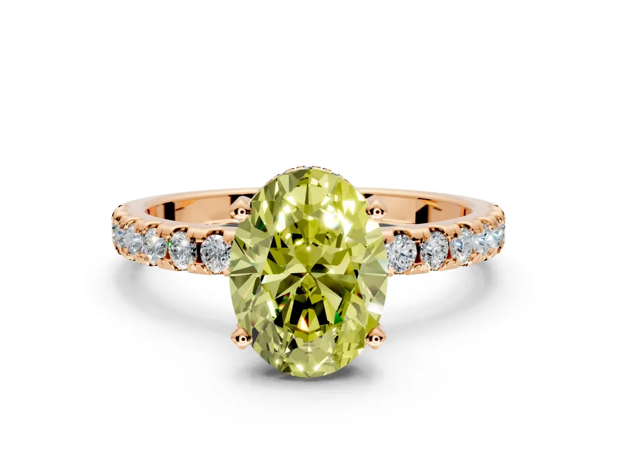 Solitaire Engagement Ring Setting for Fancy Yellow Oval Center with Band of Accents and Prong Head in Rose Gold