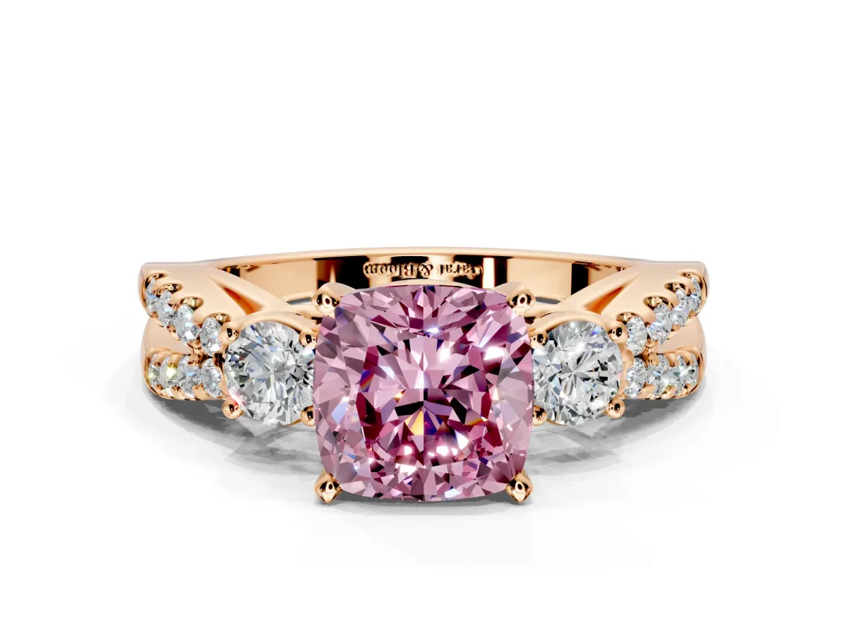 3 Stone Engagement Ring Setting for Fancy Pink Cushion Cut Center with Pave Split Shank and Prong Head in Rose Gold