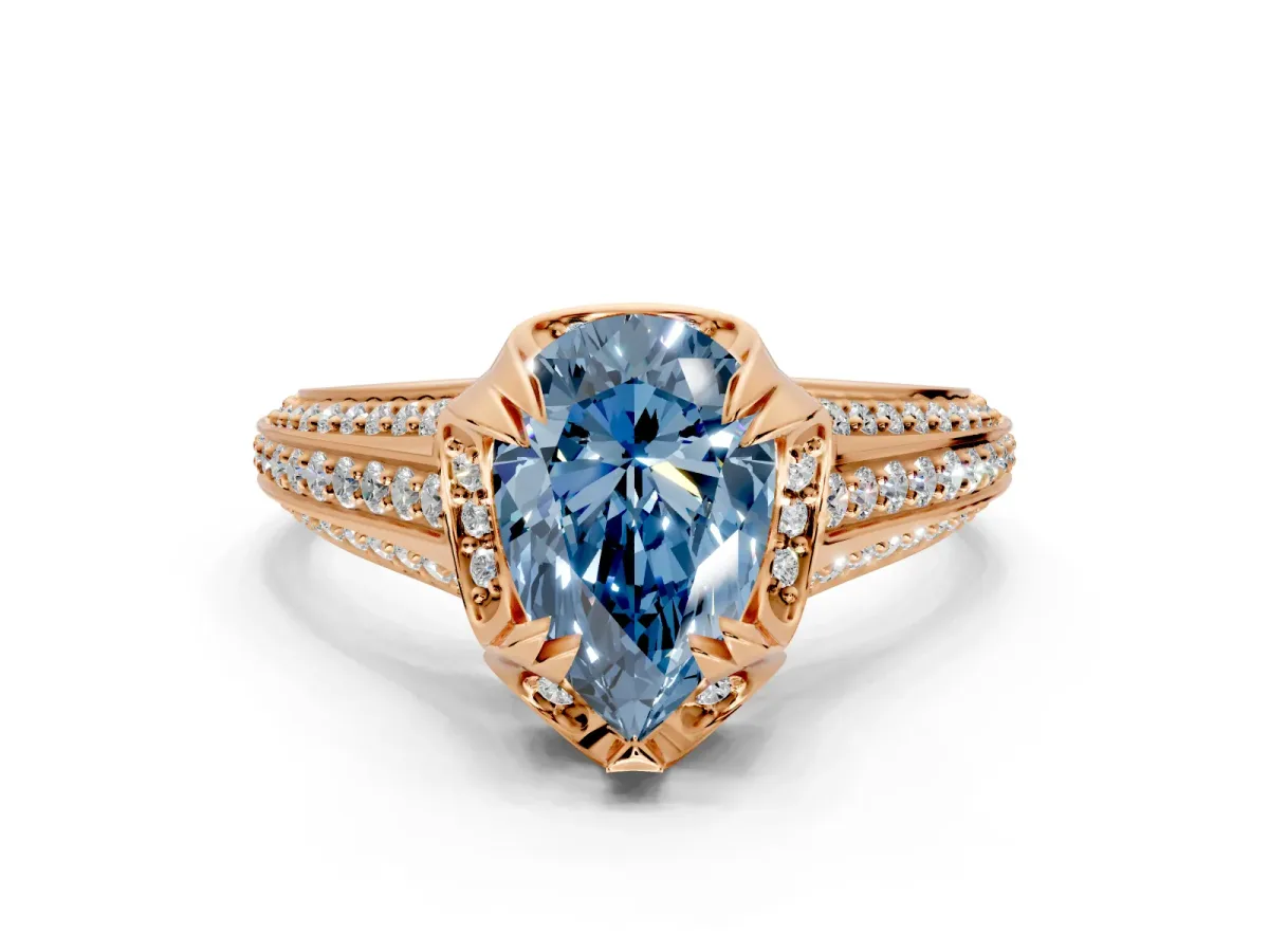 Solitaire Engagement Ring Setting for Fancy Blue Pear-Shaped Center with Accented Split Shank and Prong Head in Rose Gold