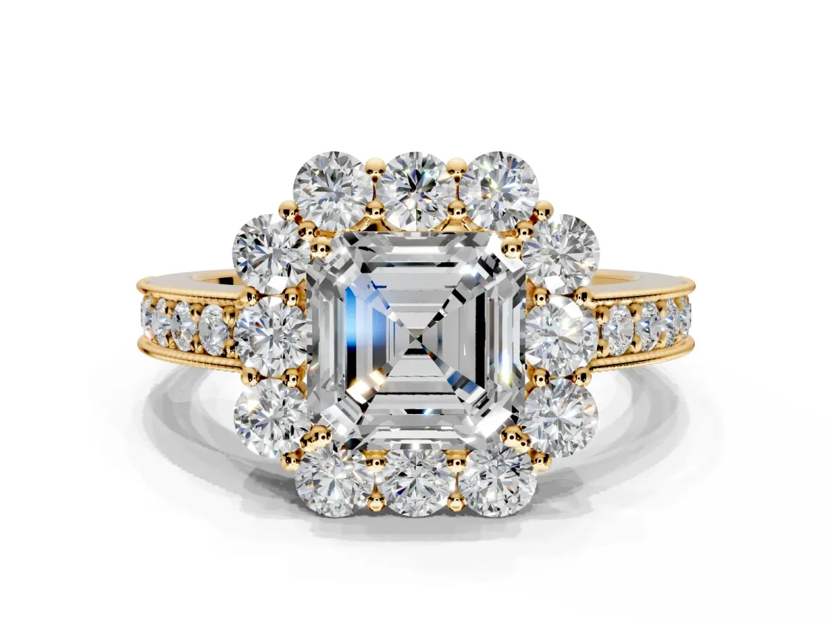 Halo Engagement Ring Setting for Asscher Cut Center with Milgrain Channel Band and Prong Head in Yellow Gold