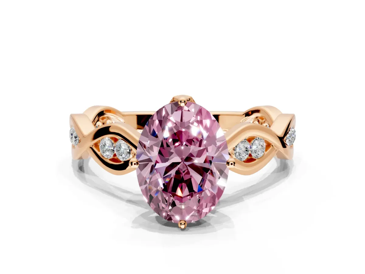 Solitaire Engagement Ring Setting for Fancy Pink Oval Center with Accented Twist Band and Leaf Prong Head in Rose Gold
