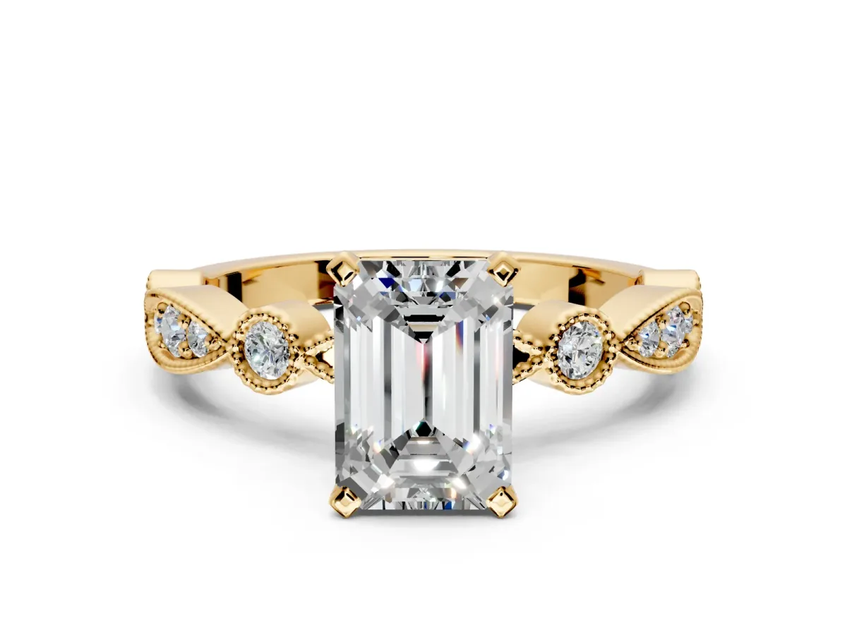 Solitaire Engagement Ring Setting for Emerald Cut Center with Milgrain Bezel Accents and Prong Head in Yellow Gold