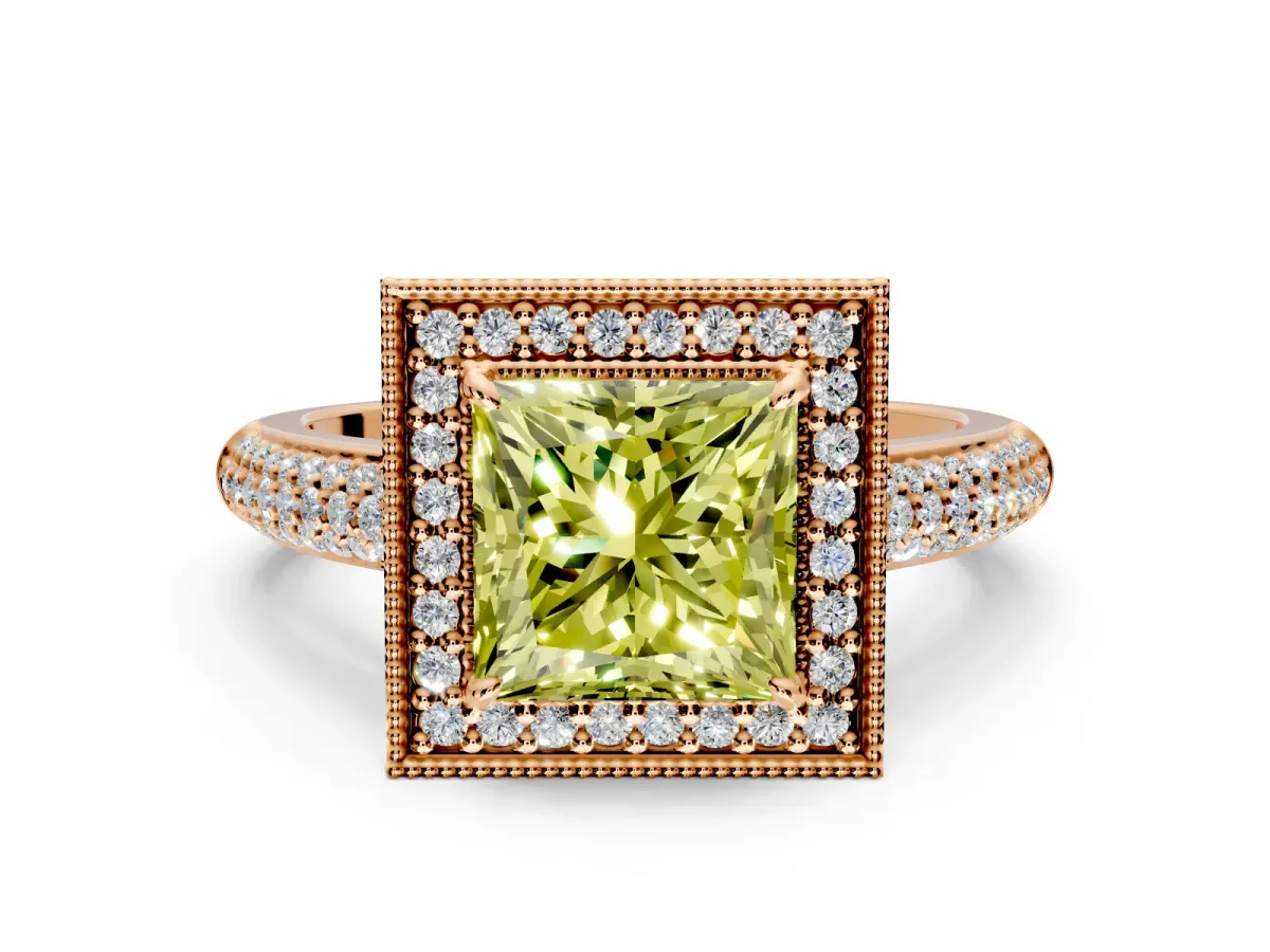 Milgrain Halo Engagement Ring Setting for Fancy Yellow Princess Cut Center with Three-Sided Pave Band and Prong Head in Rose Gold